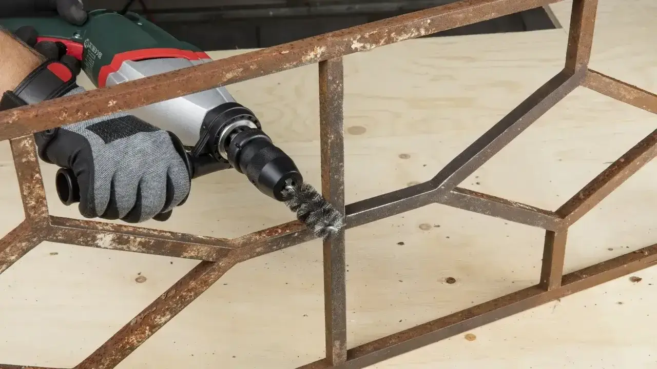Rękawica z metalową szczotką na wiertarce usuwa rdzę z metalowej konstrukcji. Skuteczny sposób, jak odrdzewić metal.