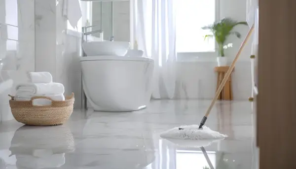 Czyszczenie łazienki w toku. Mop delikatnie przesuwa się po lśniącej podłodze, a stos białych ręczników czeka w wiklinowym koszu.