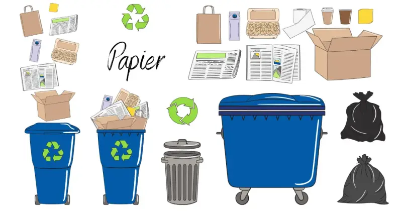 Ilustracja pokazuje, co się dzieje ze śmieciami: papierowe odpady trafiają do niebieskich pojemników na śmieci i worków, gotowe do recyklingu.
